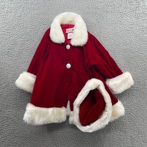 NWOT Joykid Christmas Dress Jacket Girls Large Red Velvet Fur Trim Matching Hat